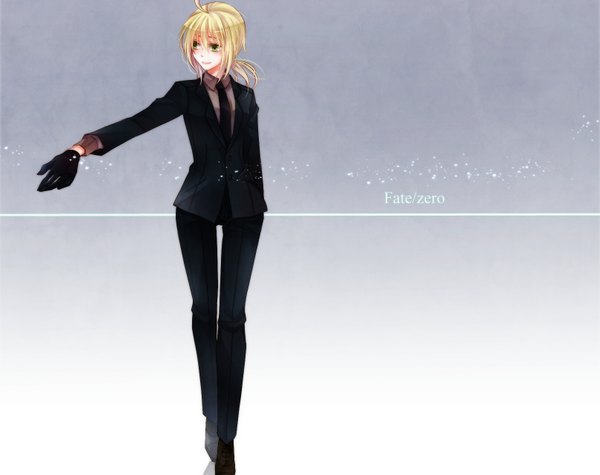 Anime picture 1618x1282 with fate (series) fate/stay night fate/zero studio deen type-moon artoria pendragon (all) saber single long hair fringe blonde hair smile green eyes ponytail girl gloves necktie suit