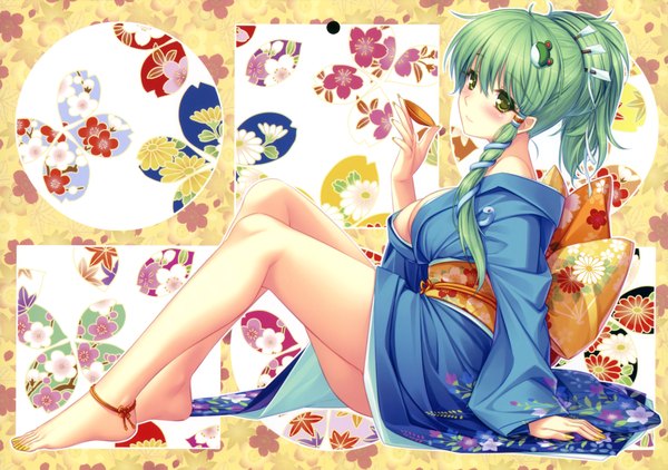 Anime picture 4664x3287 with touhou kochiya sanae sayori single long hair blush highres short hair light erotic sitting green eyes absurdres japanese clothes barefoot green hair legs girl hair ornament animal belt