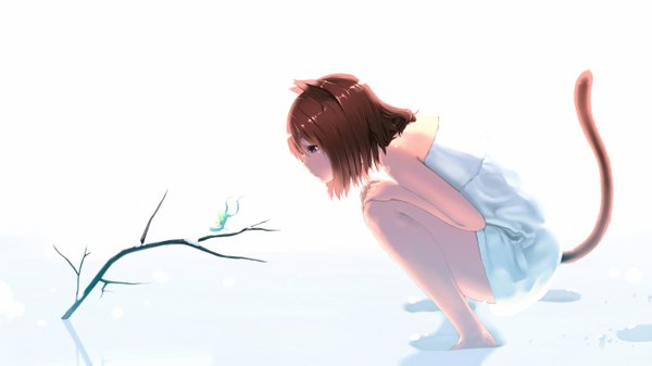 Anime picture 2560x1440 with tororoto single highres short hair simple background brown hair wide image white background brown eyes animal ears tail animal tail profile barefoot cat ears cat girl cat tail winter snow squat
