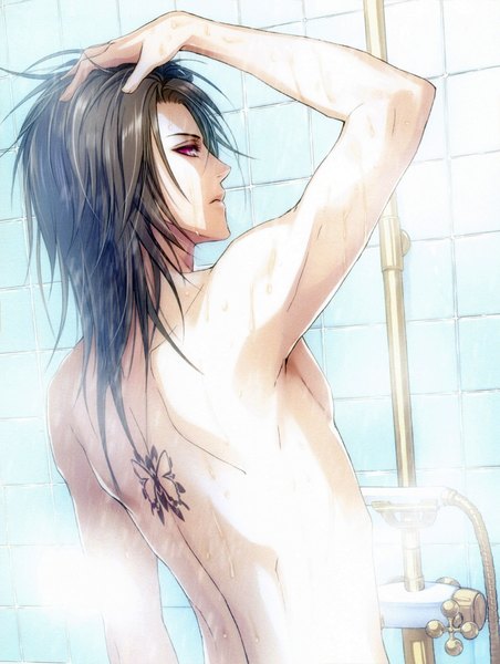 Anime picture 3419x4537 with wand of fortune idea factory alvaro garay usuba kagerou single long hair tall image highres black hair red eyes absurdres looking back tattoo back boy shower