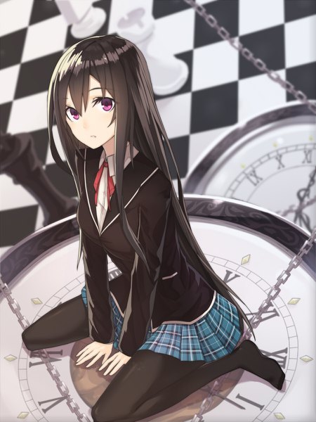 Anime picture 900x1200 with original mag (mag42) single long hair tall image looking at viewer fringe black hair hair between eyes sitting purple eyes long sleeves parted lips pleated skirt arm support dutch angle no shoes wariza plaid skirt between legs