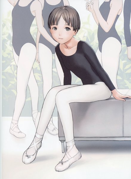 Anime picture 5092x6966 with futurelog (artbook) range murata tall image looking at viewer highres short hair brown hair sitting multiple girls absurdres long sleeves light smile scan grey eyes flat chest ballerina girl pantyhose shoes leotard