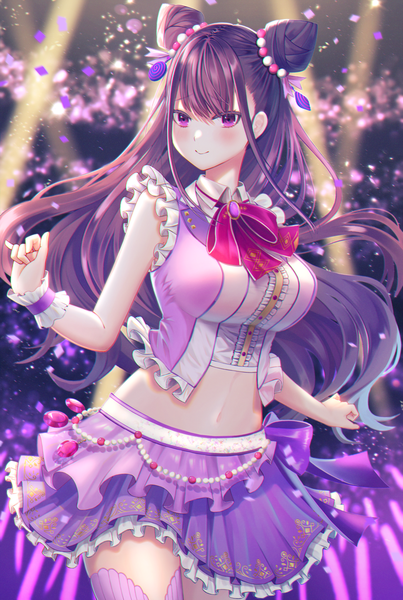Anime picture 2894x4311 with fate (series) fate/grand order murasaki shikibu (fate) tobi (pixiv41237754) single long hair tall image looking at viewer blush fringe highres breasts smile hair between eyes large breasts standing purple eyes purple hair blurry midriff