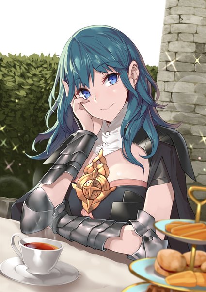Anime picture 850x1200 with fire emblem fire emblem: three houses nintendo byleth (fire emblem) byleth (female) (fire emblem) yappen single long hair tall image looking at viewer fringe blue eyes smile sitting blue hair outdoors head tilt sparkle chin rest girl