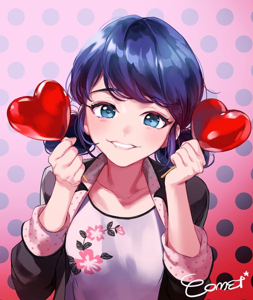 Anime picture 800x948 with miraculous ladybug comet (teamon) single tall image looking at viewer blush fringe short hair blue eyes simple background smile twintails signed blue hair lips leaning leaning forward low twintails polka dot valentine