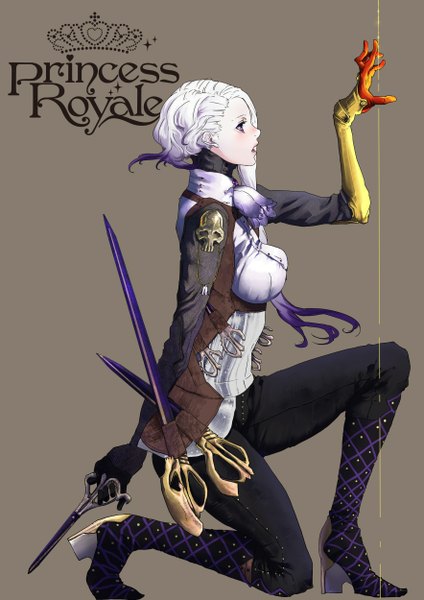 Anime picture 884x1250 with princess royale 1ji45fun single long hair tall image breasts open mouth simple background purple eyes purple hair white hair profile multicolored hair inscription two-tone hair high heels kneeling girl weapon knee boots