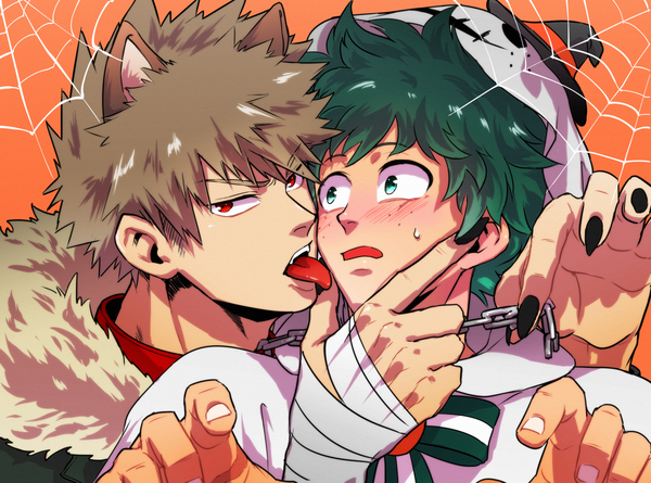 Anime-Bild 1200x890 mit boku no hero academia studio bones midoriya izuku bakugou katsuki kuso sweets looking at viewer blush short hair open mouth red eyes brown hair holding green eyes animal ears looking away upper body nail polish fingernails green hair multiple boys