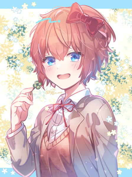 Anime picture 670x900 with doki doki literature club sayori (doki doki literature club) aicedrop single tall image looking at viewer blush fringe short hair open mouth blue eyes smile hair between eyes holding upper body long sleeves :d orange hair open clothes happy