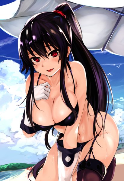 Anime picture 1708x2488 with kantai collection yahagi light cruiser maki (maki pei) single long hair tall image looking at viewer blush highres breasts open mouth light erotic black hair red eyes large breasts sky cloud (clouds) ponytail girl navel