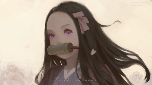 Anime picture 7680x4320 with kimetsu no yaiba ufotable kamado nezuko eflilies single long hair highres black hair wide image purple eyes signed looking away absurdres character names floating hair portrait covered mouth girl ribbon (ribbons) hair ribbon