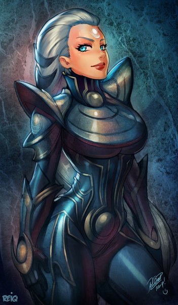 Anime picture 850x1450 with league of legends diana (league of legends) reiq (artist) single long hair tall image breasts blue eyes smile looking away lips grey hair facial mark girl armor
