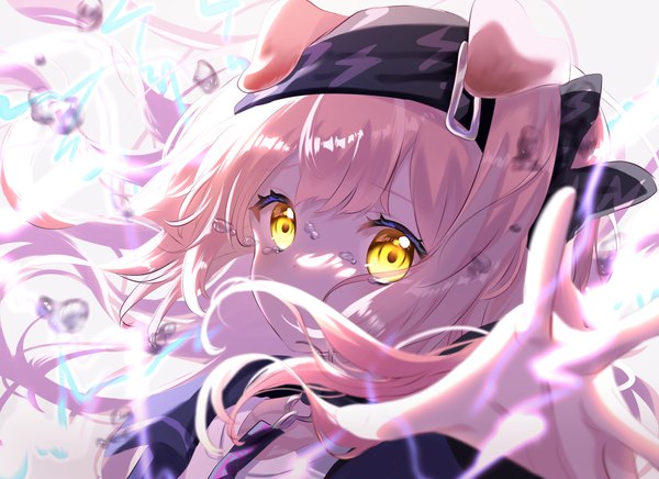 Anime picture 3763x2732 with arknights goldenglow (arknights) onasu (nasubinari) single long hair looking at viewer fringe highres simple background animal ears yellow eyes pink hair absurdres upper body blurry cat ears tears glowing glowing eye (eyes) outstretched hand