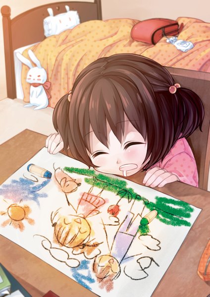 Anime picture 2480x3508 with original hanasaki mahiru single tall image blush highres short hair open mouth twintails eyes closed bunny ears short twintails sleeping polka dot drawing girl pillow bed table school bag