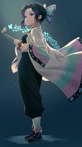 Anime picture 750x1334 with kimetsu no yaiba ufotable kochou shinobu hyuuga azuri single tall image looking at viewer short hair black hair simple background standing purple eyes payot traditional clothes japanese clothes turning head gradient hair sheathed no pupils ready to draw