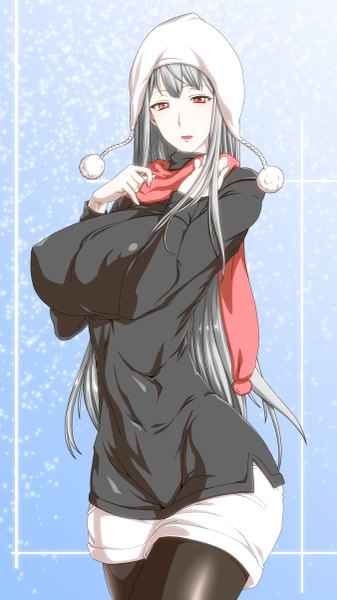 Anime picture 675x1200 with valkyria chronicles selvaria bles ebido single long hair tall image breasts light erotic red eyes standing silver hair light smile erect nipples huge breasts covered nipples snowing girl pantyhose shorts scarf