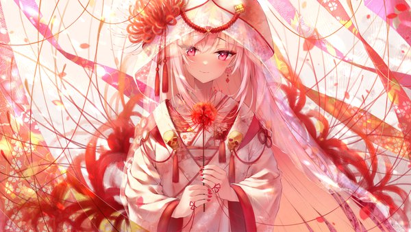 Anime picture 6000x3375 with virtual youtuber hololive hololive english mori calliope ijac ray single long hair looking at viewer blush highres wide image pink hair absurdres upper body traditional clothes japanese clothes pink eyes girl flower (flowers) earrings