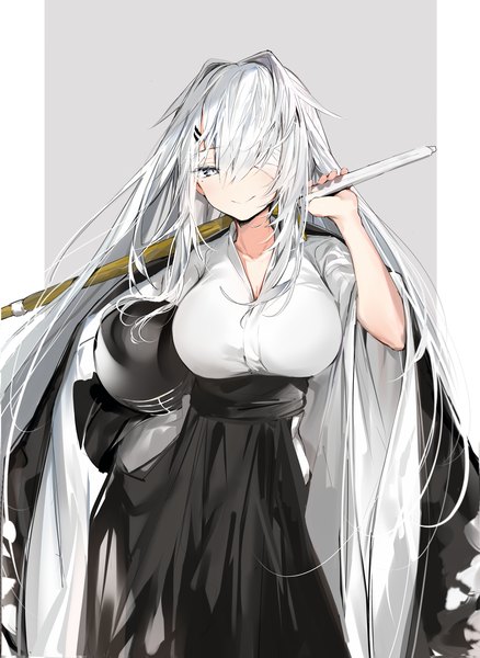 Anime picture 1500x2053 with original silver (chenwen) single long hair tall image looking at viewer blush fringe breasts simple background smile hair between eyes large breasts standing holding silver hair long sleeves traditional clothes japanese clothes arm up