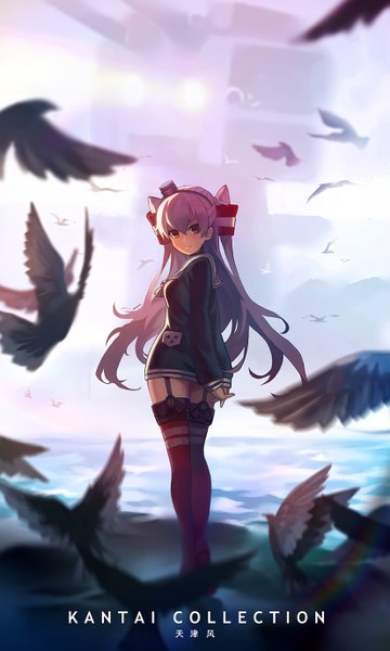 Anime picture 826x1376 with kantai collection amatsukaze destroyer zomoto (graytone) long hair tall image looking at viewer fringe smile red eyes standing sky looking back grey hair from behind two side up copyright name hands behind back flying fog girl