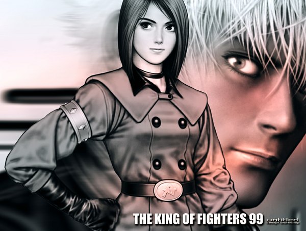 Anime picture 1152x870 with the king of fighters snk k' dash whip (kof) short hair black hair brown eyes white hair girl boy gloves uniform elbow gloves military uniform suit