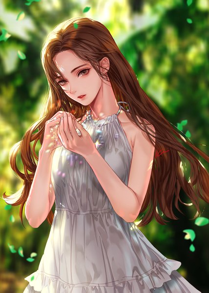Anime-Bild 1000x1403 mit original kei (pixiv2297663) single long hair tall image looking at viewer fringe brown hair standing brown eyes parted lips fingernails wind blurry sparkle depth of field sleeveless girl dress white dress
