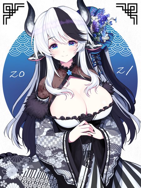 Anime picture 1000x1333 with original kyundoo single long hair tall image looking at viewer breasts blue eyes light erotic black hair smile animal ears cleavage silver hair upper body nail polish multicolored hair horn (horns) two-tone hair huge breasts