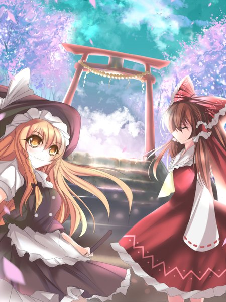 Anime picture 1200x1600 with touhou hakurei reimu kirisame marisa marionette (excle) long hair tall image blonde hair brown hair multiple girls yellow eyes eyes closed miko girl skirt bow 2 girls plant (plants) hair bow detached sleeves petals