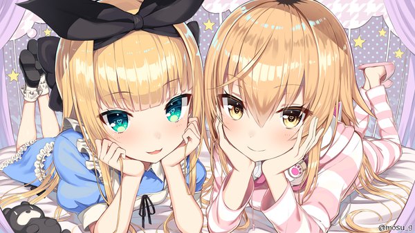 Anime picture 3840x2160 with virtual youtuber nijisanji mononobe alice ienaga mugi greatmosu long hair looking at viewer blush fringe highres open mouth blonde hair smile hair between eyes wide image multiple girls signed yellow eyes absurdres full body