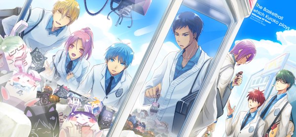 Anime picture 1300x606 with kuroko no basket production i.g kuroko tetsuya kise ryouta aomine daiki akashi seijuurou midorima shintarou murasakibara atsushi momoi satsuki retpa long hair fringe short hair breasts open mouth blue eyes blonde hair red eyes wide image standing