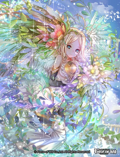 Anime picture 761x1000 with force of will nanahara single long hair tall image looking at viewer blush breasts light erotic blonde hair smile bare shoulders holding sky cloud (clouds) ahoge hair flower aqua eyes open clothes official art
