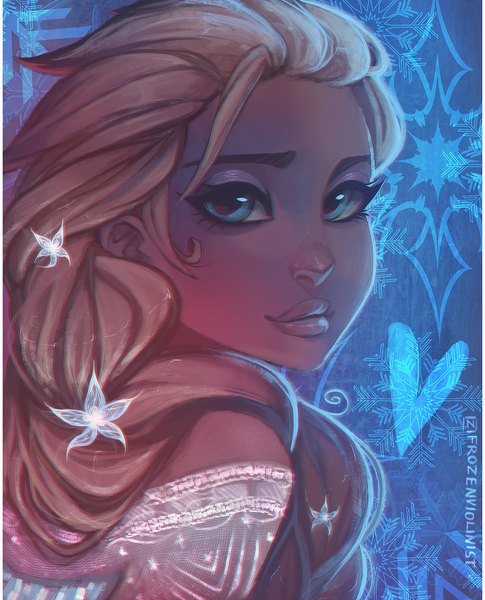 Anime picture 910x1125 with frozen (disney) disney elsa (frozen) frozenviolinist single long hair tall image looking at viewer blue eyes blonde hair lips lipstick portrait close-up face eyeshadow girl heart snowflake (snowflakes)