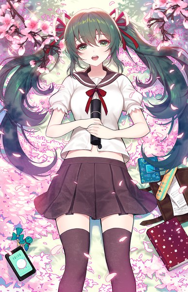 Anime picture 1000x1549 with vocaloid hatsune miku spring miku kyundoo single long hair tall image looking at viewer blush fringe open mouth hair between eyes twintails holding green eyes payot outdoors lying :d pleated skirt