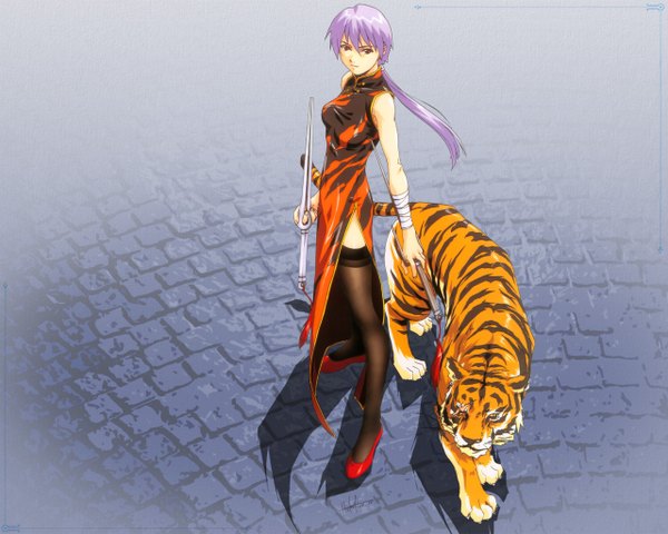 Anime picture 1280x1024 with horibe hiderou chinese clothes chinese dress tiger tagme