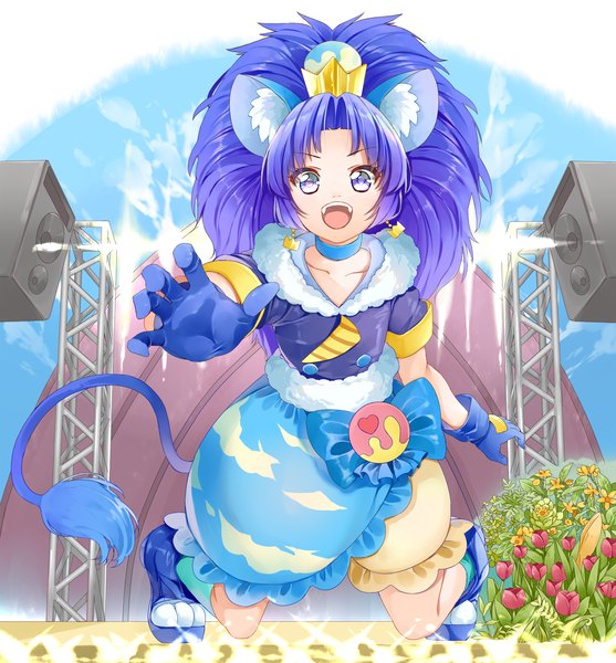 Anime picture 1622x1748 with precure kirakira precure a la mode toei animation tategami aoi cure gelato yuutarou (fukiiincho) single long hair tall image looking at viewer open mouth blue eyes animal ears blue hair ponytail tail :d animal tail magical girl lion ears