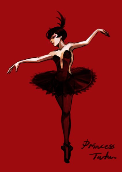 Anime picture 2480x3508 with princess tutu rue kuroha princess kraehe k9 single tall image highres black hair simple background red eyes full body inscription red background dancing girl dress black dress