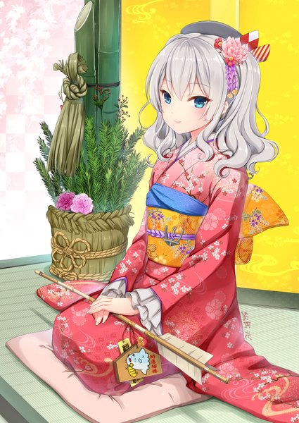 Anime picture 717x1011 with kantai collection kashima training cruiser shibi single long hair tall image blue eyes white hair traditional clothes japanese clothes new year girl hair ornament plant (plants) kimono obi kanzashi arrow (arrows) ema hamaya