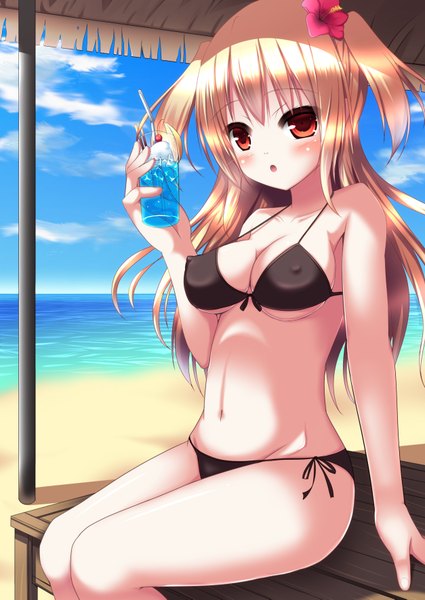 Anime picture 2508x3541 with original nyarumi single long hair tall image blush highres breasts open mouth light erotic blonde hair red eyes sky cloud (clouds) hair flower two side up beach underboob covered nipples girl