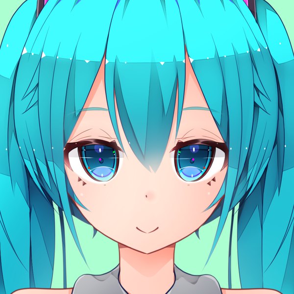Anime picture 1000x1000 with vocaloid hatsune miku amepon single long hair looking at viewer fringe blue eyes simple background smile hair between eyes twintails bare shoulders aqua hair symbol-shaped pupils close-up green background girl hair ornament