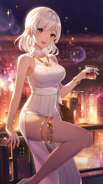 Anime picture 1152x2048 with girl cafe gun lida romero shibano kaito single tall image looking at viewer blush fringe short hair breasts open mouth smile red eyes large breasts sitting bare shoulders holding payot silver hair bent knee (knees)