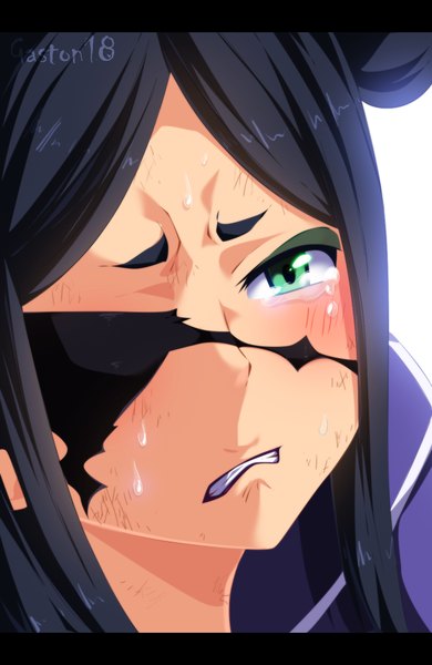 Anime picture 911x1400 with fairy tail minerva orlando tongasart single long hair tall image black hair simple background white background green eyes lips tears coloring letterboxed close-up face crying clenched teeth girl