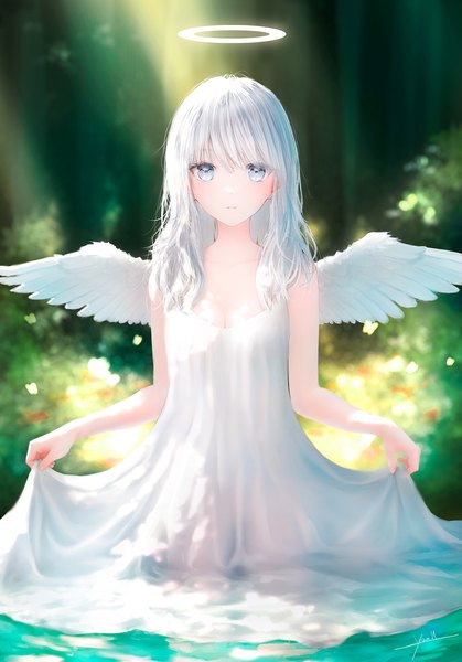 Anime picture 1535x2199 with original ojay tkym single long hair tall image looking at viewer fringe breasts blue eyes standing signed cleavage outdoors white hair parted lips sunlight blurry wet wet clothes angel wings