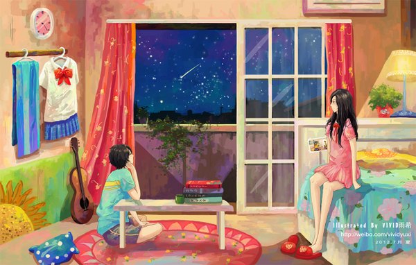 Anime picture 1299x828 with original vivid long hair short hair black hair sitting looking away profile night night sky couple city cityscape shooting star panorama girl boy uniform school uniform window