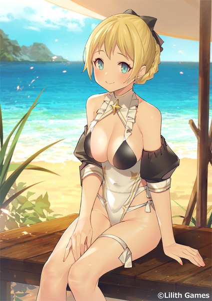 Anime picture 672x950 with afk arena rosaline (afk arena) popqn single tall image looking at viewer blush fringe short hair breasts blue eyes light erotic blonde hair smile large breasts sitting payot sky cleavage cloud (clouds)