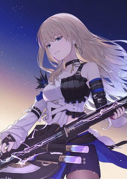 Anime picture 2150x3035 with honkai: star rail honkai (series) serval landau orchis ai single long hair tall image fringe highres blue eyes blonde hair smile looking away nail polish gradient background black nail polish playing instrument electricity girl earrings