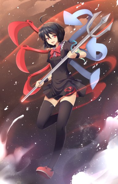 Anime picture 1285x2000 with touhou houjuu nue rouzille single tall image short hair open mouth black hair red eyes cloud (clouds) ahoge girl thighhighs dress black thighhighs wings trident