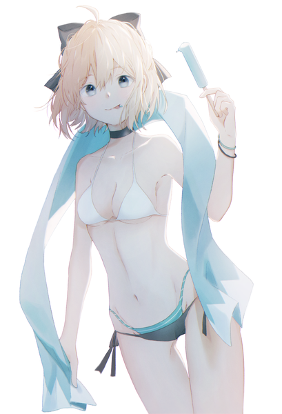 Anime picture 1675x2457 with fate (series) fate/grand order okita souji (fate) (all) okita souji (koha-ace) umeko 208 single tall image looking at viewer blush fringe short hair breasts light erotic simple background blonde hair hair between eyes standing white background holding cleavage