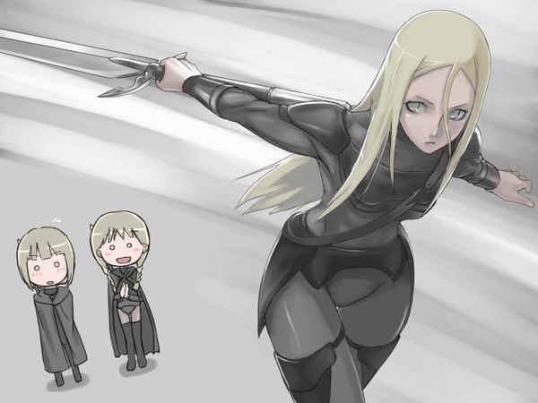 Anime picture 1280x960 with claymore madhouse clare (claymore) tea (nakenashi) long hair blush blonde hair chibi silver eyes o o sword cynthia yuma