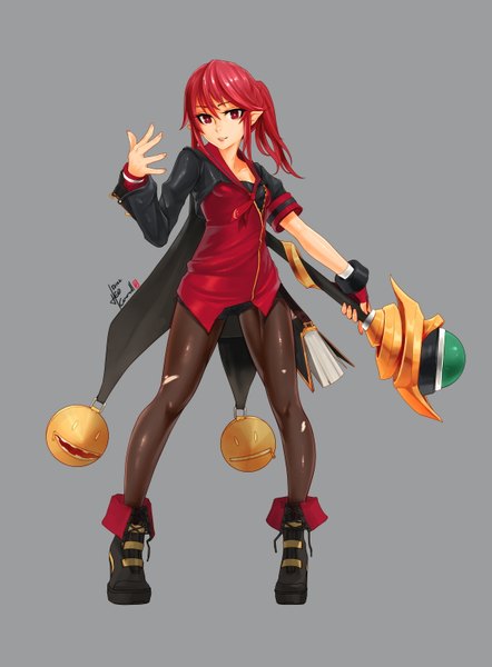 Anime picture 1120x1520 with dungeon and fighter caooll (co-ohol) long hair tall image looking at viewer simple background red eyes ponytail red hair light smile pointy ears grey background girl weapon pantyhose shorts boots short shorts single glove clothes