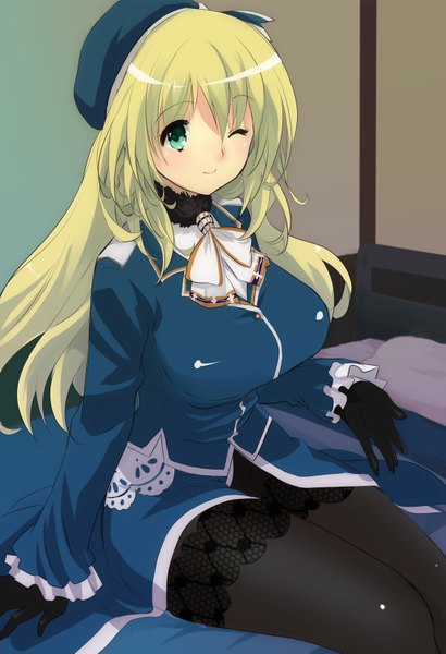 Anime picture 1132x1657 with kantai collection atago heavy cruiser asamiko single long hair tall image looking at viewer blonde hair sitting green eyes one eye closed wink girl dress gloves pantyhose beret