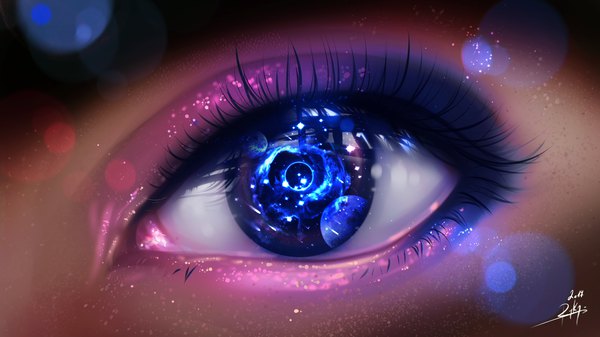 Anime picture 1920x1080 with original ryky single looking at viewer highres wide image signed wallpaper reflection close-up eyeshadow makeup space shooting star girl star (stars) planet eye