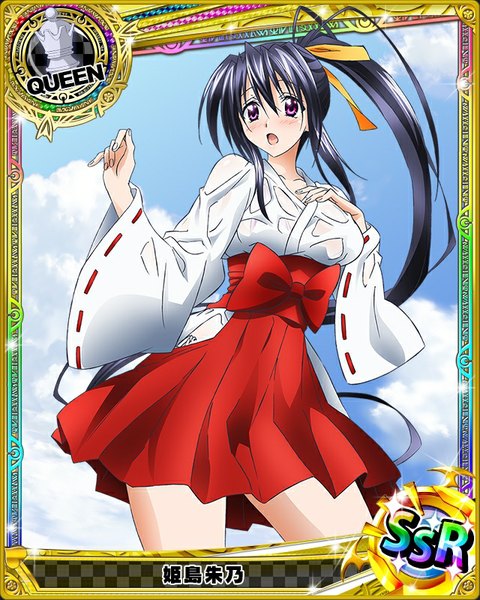 Anime picture 640x800 with highschool dxd himejima akeno single tall image looking at viewer blush open mouth black hair purple eyes ponytail very long hair traditional clothes japanese clothes card (medium) miko girl skirt ribbon (ribbons) hair ribbon red skirt